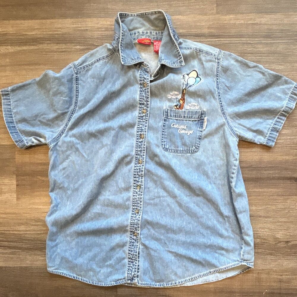Curious George Adventures Blue Denim Button-Up Shirt Pockets 14W/16W